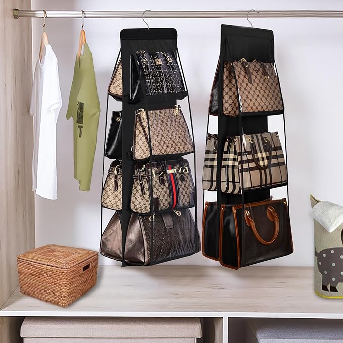 Lirex 8-Pocket and 6-Pocket Hanging Purse Organizer Bundle, Minimalist Style, Hanging Handbag Organizer for Closet, Black