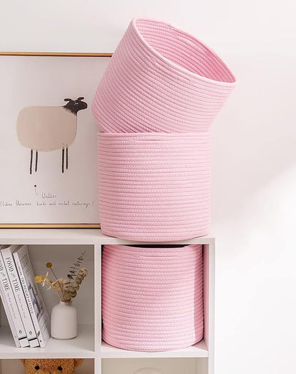 voten Storage Cubes Baskets Bins Organizer 11x11x11'' Fit 12x12''Cube Storage Organizer Bookcases Shelf,Durable Woven Cotton Storage Basket for Organizing,Round 3Pack Pink