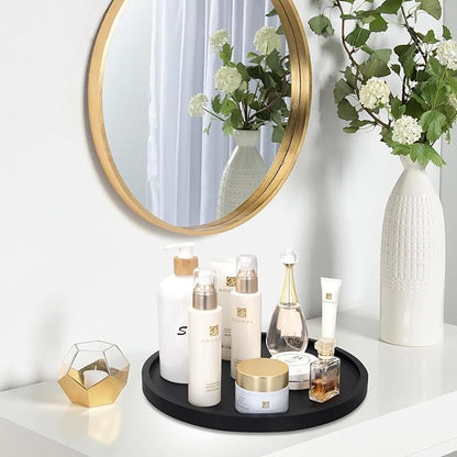 Black Wooden Bathroom Vanity Counter Tray Decor Round Perfume Dresser Trays Kitchen Sink Soap Dish Dispenser Holder Large Wood Lazy Susan Turntable for Table Rotating Bathroom Organizer Accessories