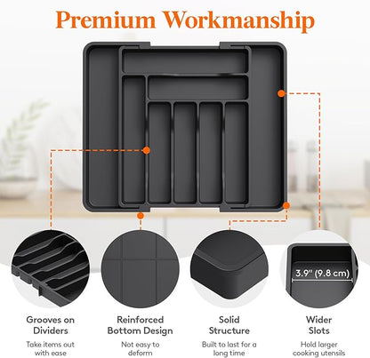Lifewit Utensil Organizer for Kitchen Drawer, Expandable Cooking Silverware Tray, Adjustable Cutlery Flatware Holder, Plastic Spatula Tools Storage Divider, 11.8-19.6 x 15", Black
