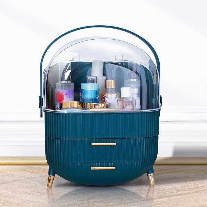 Makeup Cosmetic Organizer Box with Drawer Storage - Plastic Oval Storage Organizer with Turn Lock, Large Capacity for Women’s Skincare and Beauty Products (Green)