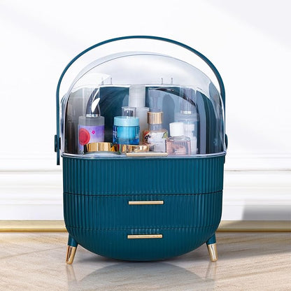 Makeup Cosmetic Organizer Box with Drawer Storage - Plastic Oval Storage Organizer with Turn Lock, Large Capacity for Women’s Skincare and Beauty Products (Green)
