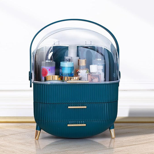 Makeup Cosmetic Organizer Box with Drawer Storage - Plastic Oval Storage Organizer with Turn Lock, Large Capacity for Women’s Skincare and Beauty Products (Green)
