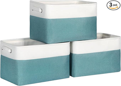 Foldable Storage Bin Collapsible Fabric Storage Basket Cube with Durable Handles Closet Organizer Bins for Organizing Shelves Drawers, Set of 3, 15" x 10" x 9.5", Teal