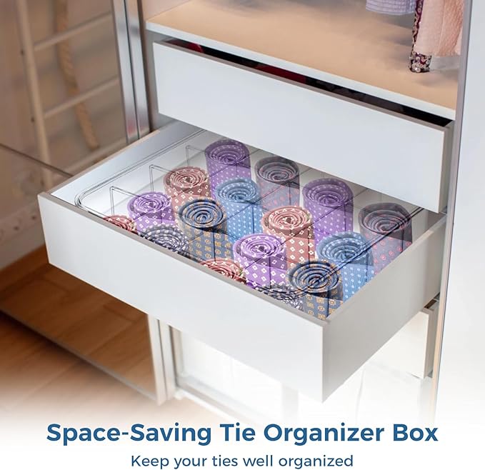Varku Tie Organizer Box, 16-Cell Clear Tie Rack Organizer, Stackable Tie Display Rack, Drawer Closet Storage Bin with Lid, Storage Box for Ties (16 Cell)