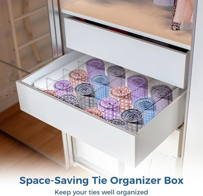 Varku Tie Organizer Box, 16-Cell Clear Tie Rack Organizer, Stackable Tie Display Rack, Drawer Closet Storage Bin with Lid, Storage Box for Ties (16 Cell)