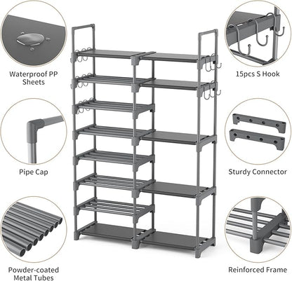 ROJASOP Shoe Rack, Shoe Storage Organizer for Closet Entryway Garage Bedroom, 8 Tier Tall Metal Shoe Shelf for 26-32 Pairs Boots & Shoes, Adjustable Shoe Stand for Small Space