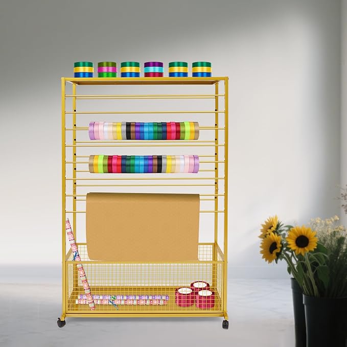 Commercial Ribbon Holder Organizer w/ 16 Rods & Locking Wheels - 59" Mobile Craft Storage for Florists, 4-Tier w/Mesh Basket (Gold, 39.37 * 12.6 * 59.06in)
