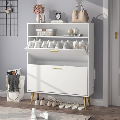 JOZZBY Shoe Cabinet for Entryway, White Narrow Shoe Storage Cabinet with 2 Flip Drawers and Open Shelves, Hidden Freestanding Shoe Rack Storage Organizer for Hallway, Living Room