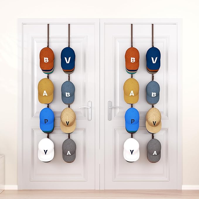 HapiRm Over Door Hat Rack - 4 Packs Metal Hanging Hat Organizer with 16 Hooks Design, Baseball Cap Hanger Organizer Storage Holds up to 80 Caps for Door, Bedroom, Closet（Brown）