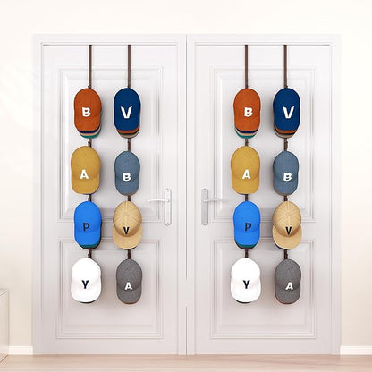 HapiRm Over Door Hat Rack - 4 Packs Metal Hanging Hat Organizer with 16 Hooks Design, Baseball Cap Hanger Organizer Storage Holds up to 80 Caps for Door, Bedroom, Closet（Brown）