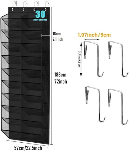 30 Pairs Over the Door Shoe Organizer, Hanging Shoe Organizer with 4 Metal Hooks, Large Capacity Breathable Mesh Shoe Rack for Closet Door, Multi-Pocket Storage for Shoes, Hats, Toys, Towels (Black)
