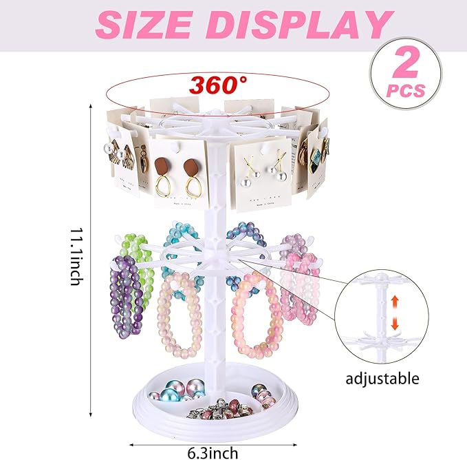 2 Pack Keychain Display Stand Rotating Jewelry 2 Tier Necklace Holder Plastic Spinning Bracelet Hanging Organizer Rotating Rack Earring Bracelet Stands for Vendors Malls Counter Dressing Table