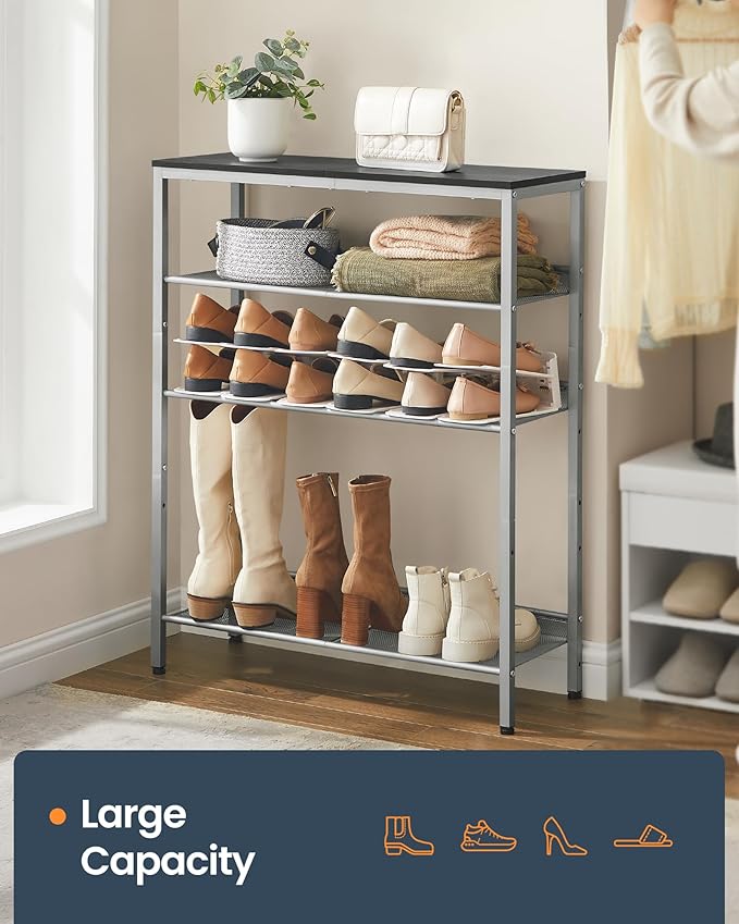 SONGMICS HOME 5 Tier Shoe Storage Organizer, Freestanding Shoe Rack, Dense Mesh, for Living Room, Bedroom, Entryway, Gray and Silver