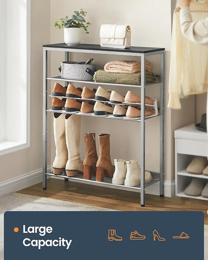 SONGMICS HOME 5 Tier Shoe Storage Organizer, Freestanding Shoe Rack, Dense Mesh, for Living Room, Bedroom, Entryway, Gray and Silver