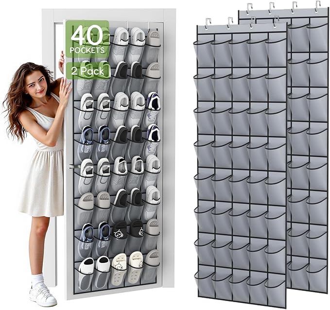 Over the Door Shoe Organizer with 40 Large Breathable Mesh Pockets, Space Saving Shoe Holder, Hanging Shoe Rack for Entryway Bedroom Closet Storage (Grey, 80 Pockets)