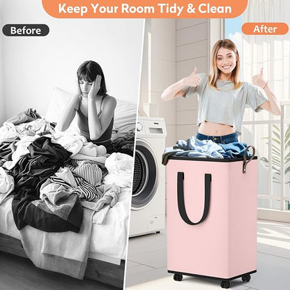 SpaceTrove Laundry Basket with Wheels, Collapsible Laundry Baskets, Laundry Hamper with Handles Detachable Wheels, Rolling Laundry Basket, Dirty Clothes Hamper for Bathroom, Dorm, Bedroom, Pink, 80L