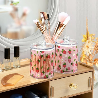 Milk Cow Qtip Holder with Lid 2PCS Apothecary Jars Storage Containers, Clear Plastic Canister for Cotton Swab,Floss Picks, Cosmetics (Daisy and Strawberry, one sizex4)