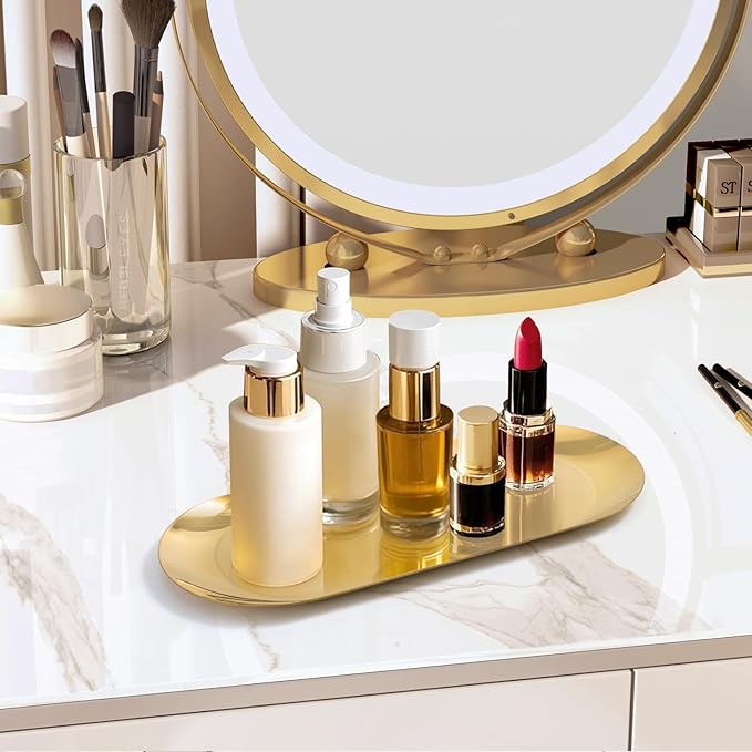 Gold Decorative Tray, 2 PCS Bathroom Vanity Tray for Dresser Counter, Elegant Jewelry Dish Tray for Decor, Gold Platter Serving Tray Organizer for Perfume Trinket Key Candle, Stainless Steel, Oval