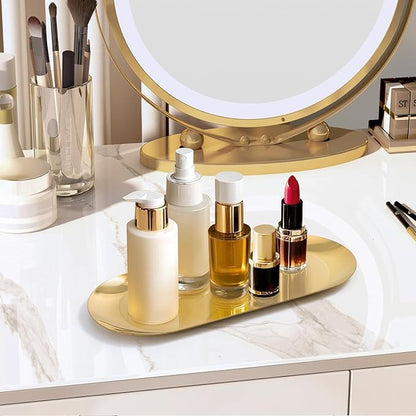 Gold Decorative Tray, 2 PCS Bathroom Vanity Tray for Dresser Counter, Elegant Jewelry Dish Tray for Decor, Gold Platter Serving Tray Organizer for Perfume Trinket Key Candle, Stainless Steel, Oval