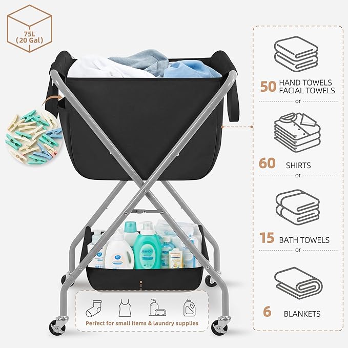 STORAGE MANIAC Collapsible Laundry Cart with Wheels 35.6"H Removable Canvas Bag Rolling Laundry Hamper Clothes Basket with Wheels, Sturdy Steel Frame Folding for Small Narrow Space Easy Storage, Black