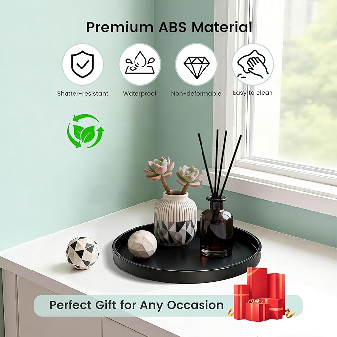 1 Pack 10" Bathroom and Vanity Tray, ABS Bathroom Counter Organizer, Coffee Table Decor for Perfume, Candles, Keys &More. Kitchen Countertop Organizer, Decorative Tray Soap Holder, Black