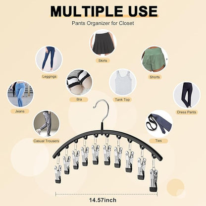 Volnamal Legging Organizer for Closet, 2 Pack Metal Yoga Pants Hangers w/10 Clips Holds 20 Leggings, Space Saving Hanging Closet Organizer w/Rubber Coated Closet Organizers and Storage, Black