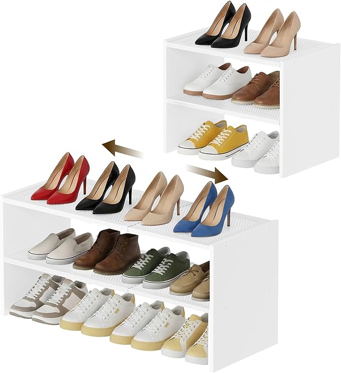YATINEY Expandable Shoe Rack, 2-Tier Adjustable Entryway Shoe Organizer, Stackable Closet Shoe Rack for Small Space, Compact Shoe Shelf Storage for Garage Holds Up to 12 Pairs, White SS03WW