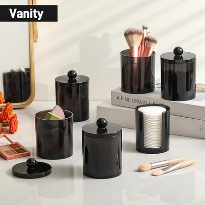 4 Pcs, Acrylic Qtip Holder Dispenser for Cotton Swab, Ball, Round Pads, Floss Picks - Clear Plastic Apothecary Jar Set, Bathroom Canister Decor Storage Accessories, Vanity Makeup Organizer, Black