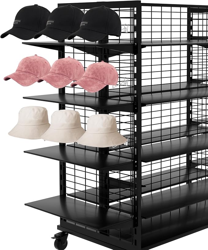 Hat Displayer for Gridwall, 6PCS Hat Hanger Gridwall Hooks Metal Hat Holder Wall Mounted Gridwall Hat Helmet Rack Hat Display Shelves Organizer Grid Plate Hook for Cowboy Hat Cap Wigs