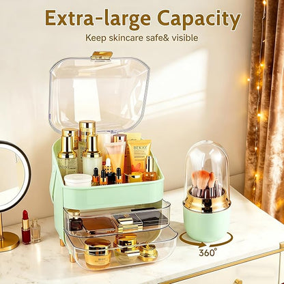 Makeup Organizer with Drawers-Cosmetic Display Case for Vanity|Skincare Organizer with 360 Rotating Brush Holder,Large Storage Box Dresser,Women Gifts Display Cases for Bathroom Countertop,Green