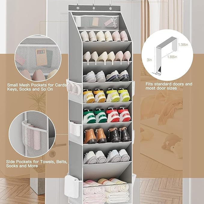 Back Door Shoe Organizer - 171x41.5x17cm Over Door Shoe Rack, 8 Layer Hanging Storage | Large Pocket Holder for 16-24 Shoes Utility Room Bathroom Bedroom Dorm RV Classroom Entryway Closet Organizer