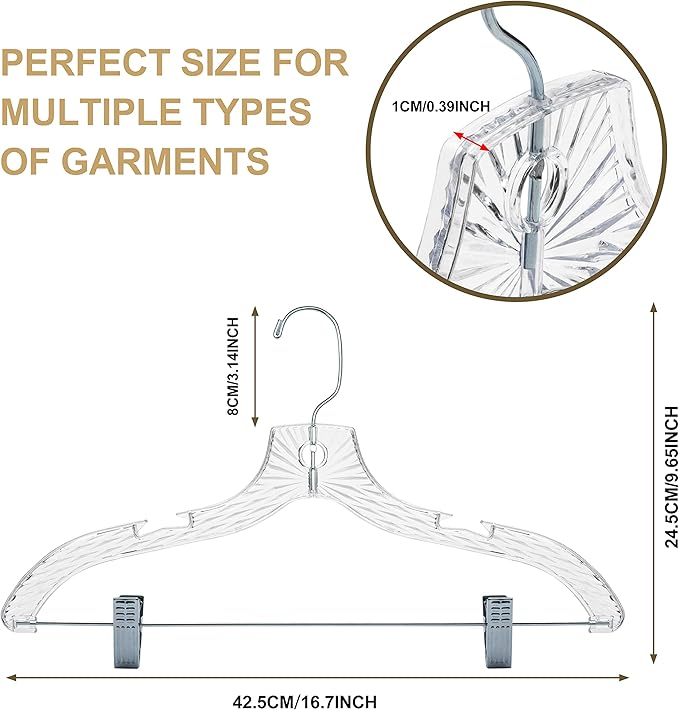 Quality Clear Plastic Skirt Hangers - 24 Pack Crystal Cut Pants Dress Durable Plastic Hanger Set with Adjustable Clips - Heavy Duty Hangers