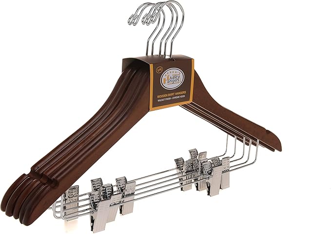 Quality Wooden Skirt Hangers with Clips, 10-Pack Smooth Solid Wood Pants Hangers with Durable Adjustable Metal Clips, Swivel Hook, Coat, Jacket, Blouse Suit Hangers (Walnut - Chrome Hook, 10)