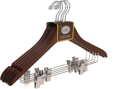 Quality Wooden Skirt Hangers with Clips, 10-Pack Smooth Solid Wood Pants Hangers with Durable Adjustable Metal Clips, Swivel Hook, Coat, Jacket, Blouse Suit Hangers (Walnut - Chrome Hook, 10)