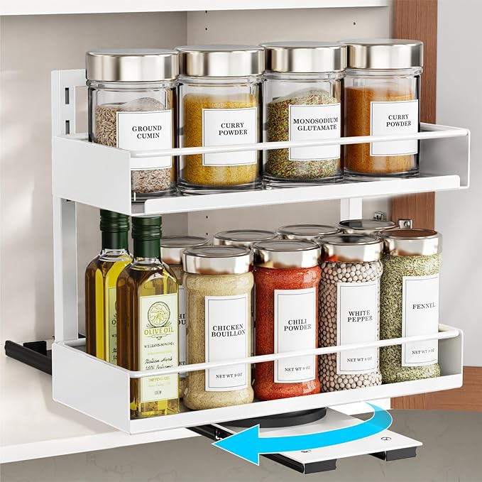 iSPECLE Vertical Spice Rack Pull Out - 1 Pack Rotate No-Drill Slide Out Spice Rack for Cabinet Swivel Easy Access Spices, Adjust Height for 4oz to 8oz Spice Jars Inside Kitchen Pantry Cabinet, Black