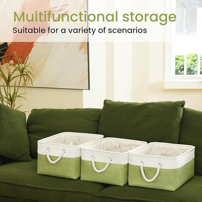 Large Storage Baskets- 15.7x11.8x8.26 inch Storage Bins for Shelves and Closet Organizing, Foldable Fabric Bin for Home Organization Clothes and Laundry (6-Pack, White&Green)