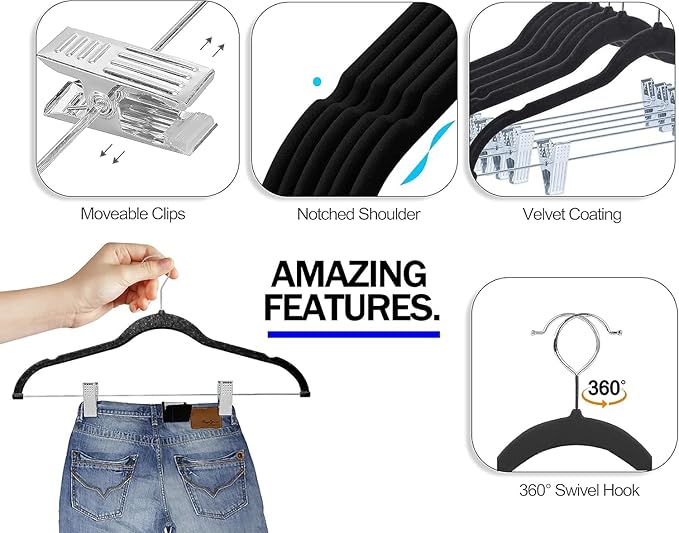 GVTECH Velvet Hangers with Clips, [24 Pack] Metal Clip Hangers for Pants - Notched Skirt Hangers for Pants, Skirts, Suit, Dresses & Shirts 360° Swivel Hook, Non Slip Felt Hanger (White, 24 Pack)