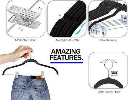 GVTECH Velvet Hangers with Clips, [24 Pack] Metal Clip Hangers for Pants - Notched Skirt Hangers for Pants, Skirts, Suit, Dresses & Shirts 360° Swivel Hook, Non Slip Felt Hanger (Ivory, 24 Pack)