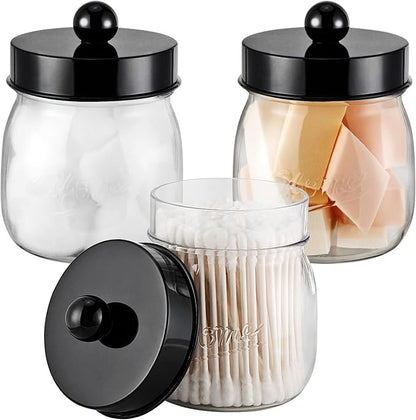 SheeChung 3 Pack Qtip Holder Bathroom Jar Set, Apothecary Mason Jar for Bathroom Vanity Home Storage Organizer, Plastic Acrylic Qtip Dispenser for Cotton Swab, Floss Pick, Farmhouse/Home Decor (Black)