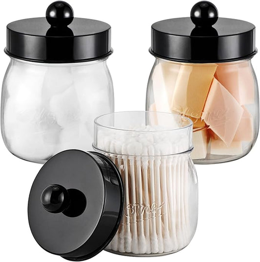 SheeChung 3 Pack Qtip Holder Bathroom Jar Set, Apothecary Mason Jar for Bathroom Vanity Home Storage Organizer, Plastic Acrylic Qtip Dispenser for Cotton Swab, Floss Pick, Farmhouse/Home Decor (Black)