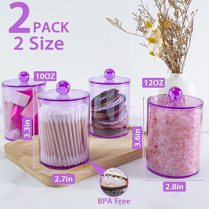 XIPENGKEJI 2 Pack Qtip Holder,Canister Apothecary Jar Set, Bathroom Jars with Lids Set for Cotton Swabs, Balls, Pads, Floss Picks,10oz-12oz Plastic Canisters Restroom Bedroom Vanity Organizer(Purple)