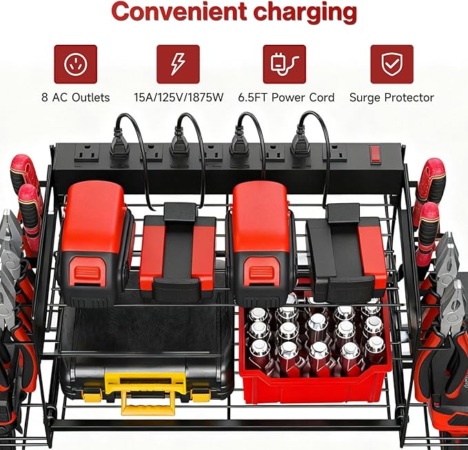 Garage Tool Organizer with Charging Station & Power Strip - 4 Drill Holder Wall Mount Rack, Heavy Duty Metal Shelf for Workshop Organization