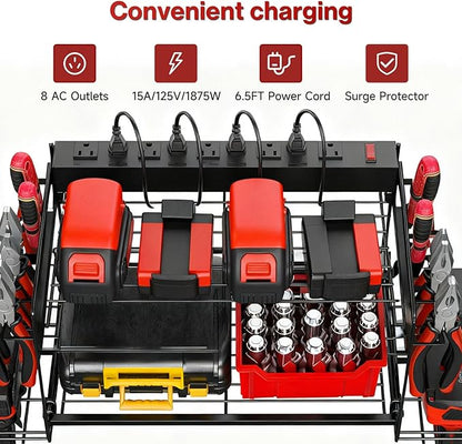 Garage Tool Organizer with Charging Station & Power Strip - 4 Drill Holder Wall Mount Rack, Heavy Duty Metal Shelf for Workshop Organization