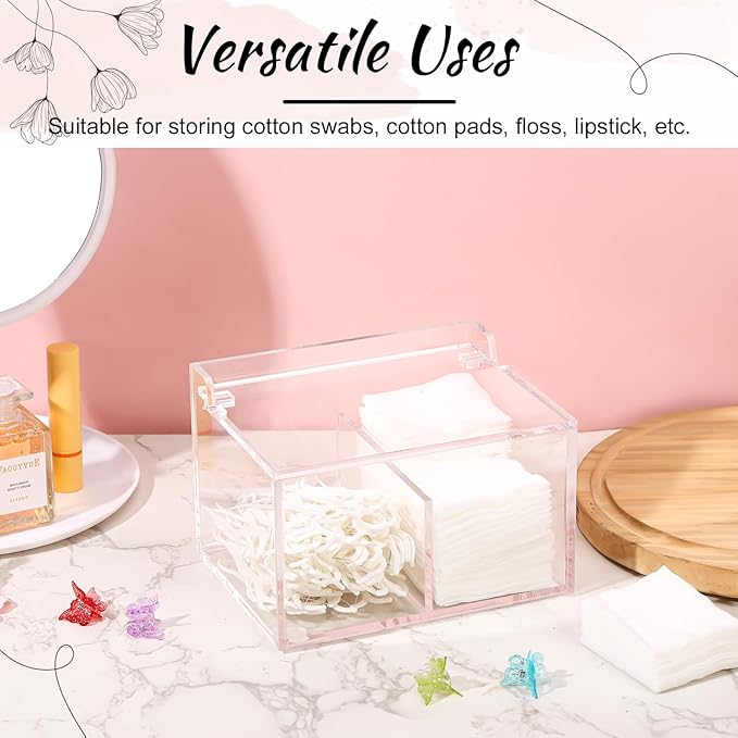 Qtip Holder Acrylic Container for Cotton Swab, Cotton Pads, Floss Picks - Restroom Containers Bathroom Essentials Accessories Decor Vanity Storage Organizer, 5.7'' x 3.7'' x 3.42''