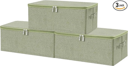 ANMINY 3PCS Storage Bins with Zipper Lids 13 Qt Lidded Fabric Storage Boxes Baskets Cubes with Handles Collapsible Washable Cotton Linen Closet Shelf Clothes Organizer Containers - Green, Small