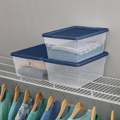 Sterilite 2 Pack Storage Boxes, Clear Plastic Stackable Bins with Lids, 16 Quart, Marine Blue