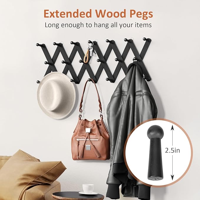 Accordion Wall Hanger, Hat Rack for Wall with 20 Coat Hooks, Expandable Hat Hangers Organizer, Vintage Decorative Coat Rack Wall Mount for Purse, Mug(Black)