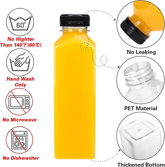 Moretoes 200pcs 16oz Plastic Juice Bottles with Caps, Clear Empty Reusable Water Bottles, Disposable Beverage Containers Bulk for Juicing Smoothies Turmeric Juice Milk and Other Beverages