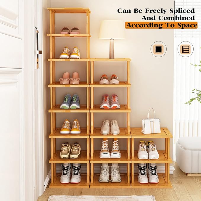Bamboo Shoe Rack - Vertical Shoe Rack for Small Spaces, Tall Narrow Shoe Rack Organizer for Closet Entryway Corner Garage and Bedroom,Skinny Shoe Shelf Free Stackable DIY - Space Saving Storage